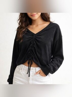 Aerie Black V-Neck Terry Cloth Ruched Front Drawstring Adjustable Sweater Top, M